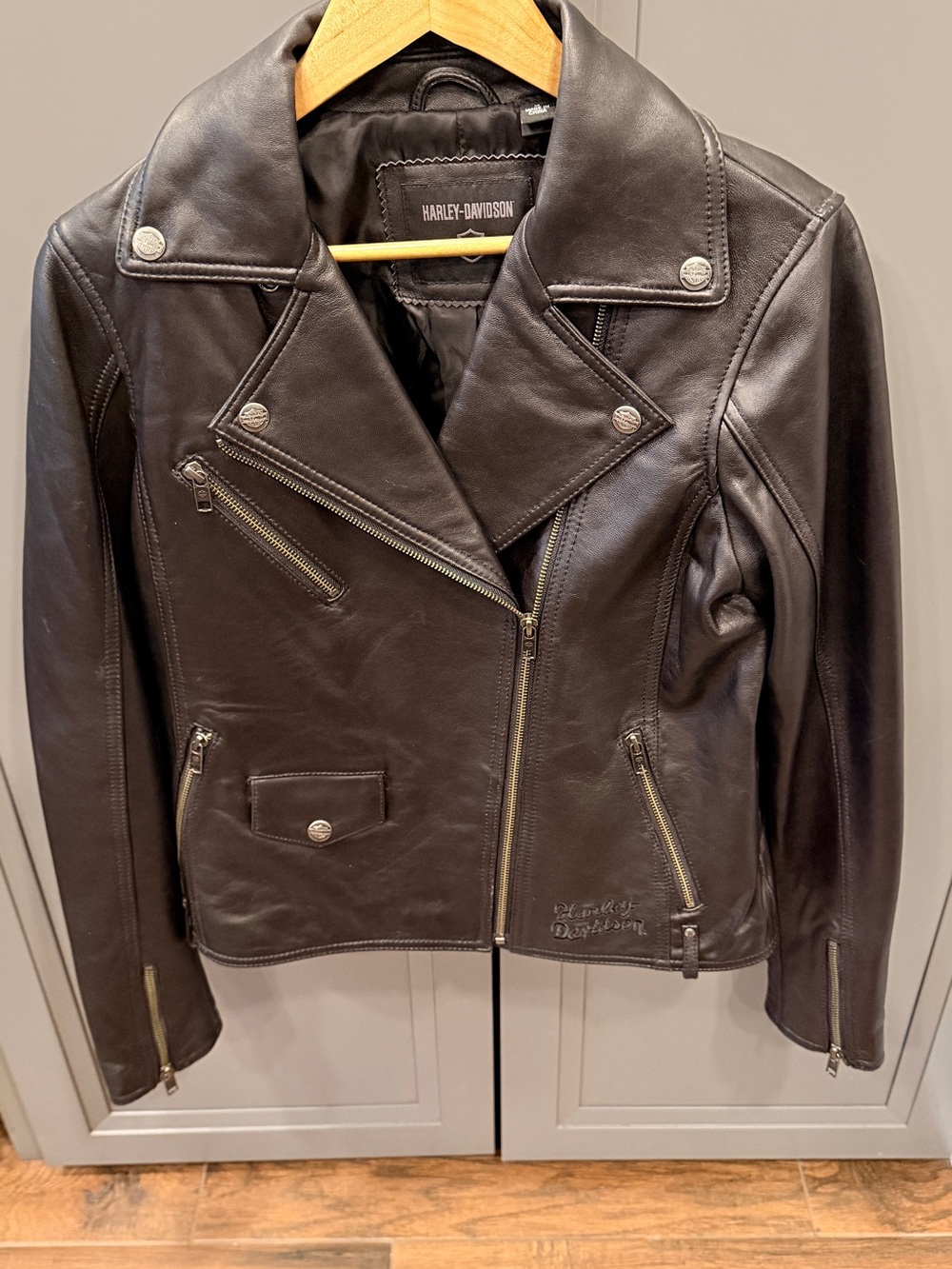 Harley-Davidson Black Leather Moto Jacket with Zip Details